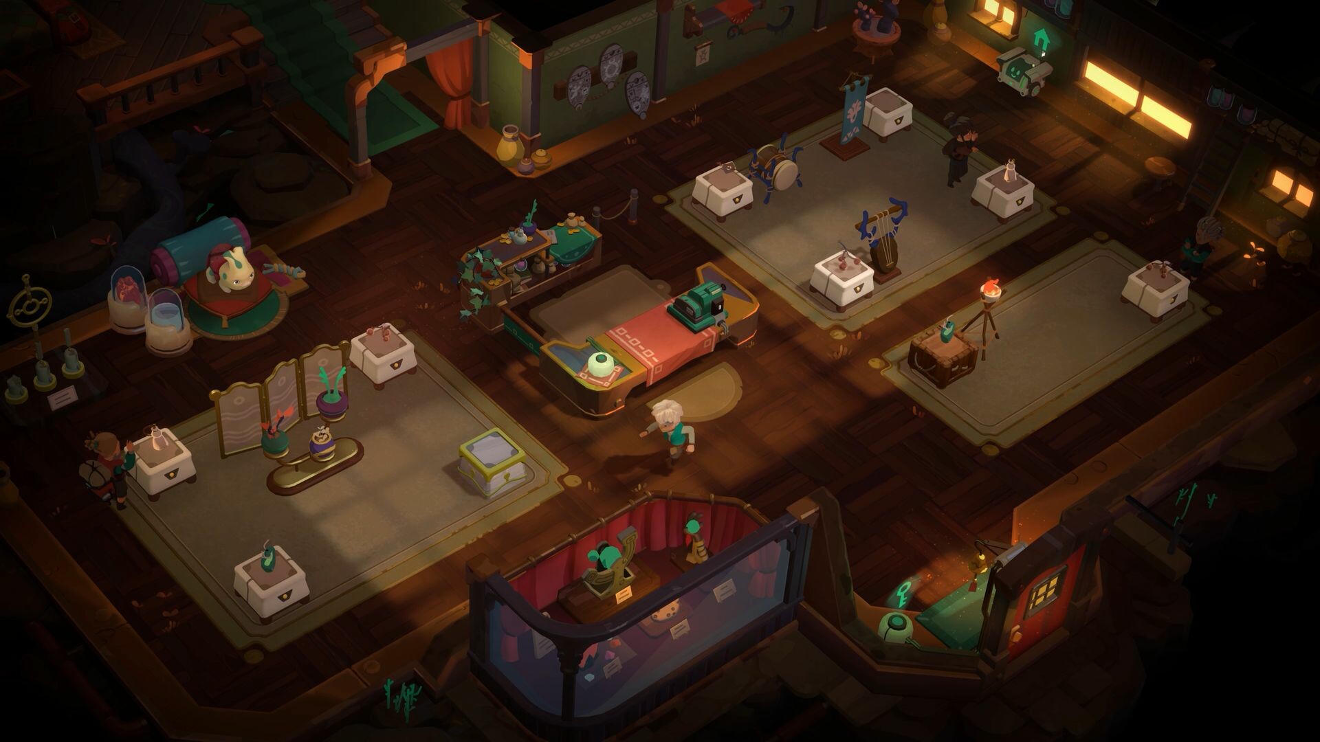 Moonlighter 2 shop floor in Tresna with Will, display tables and relics