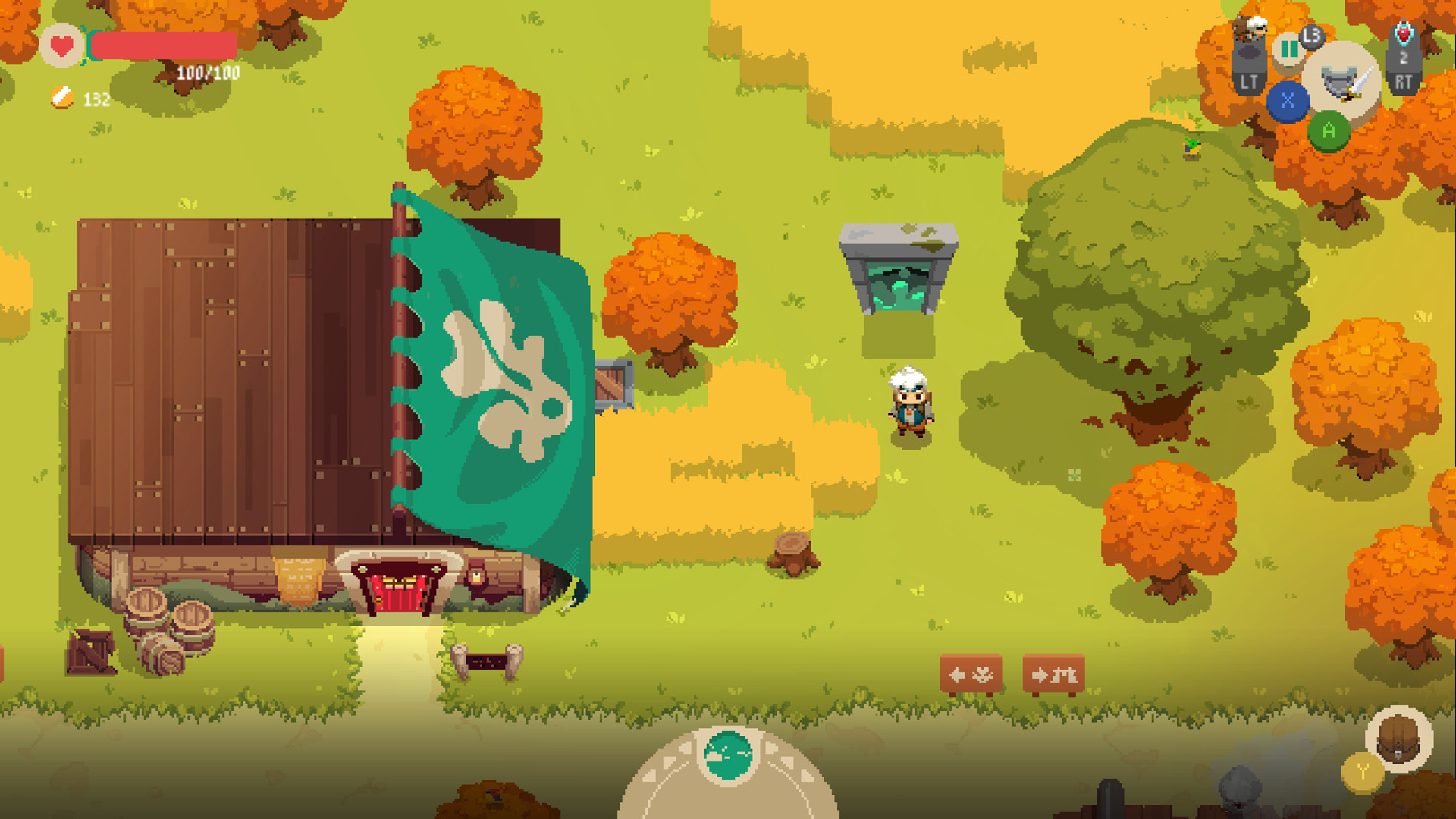 Original Moonlighter pixel-art scene with Will standing outside the shop in autumn